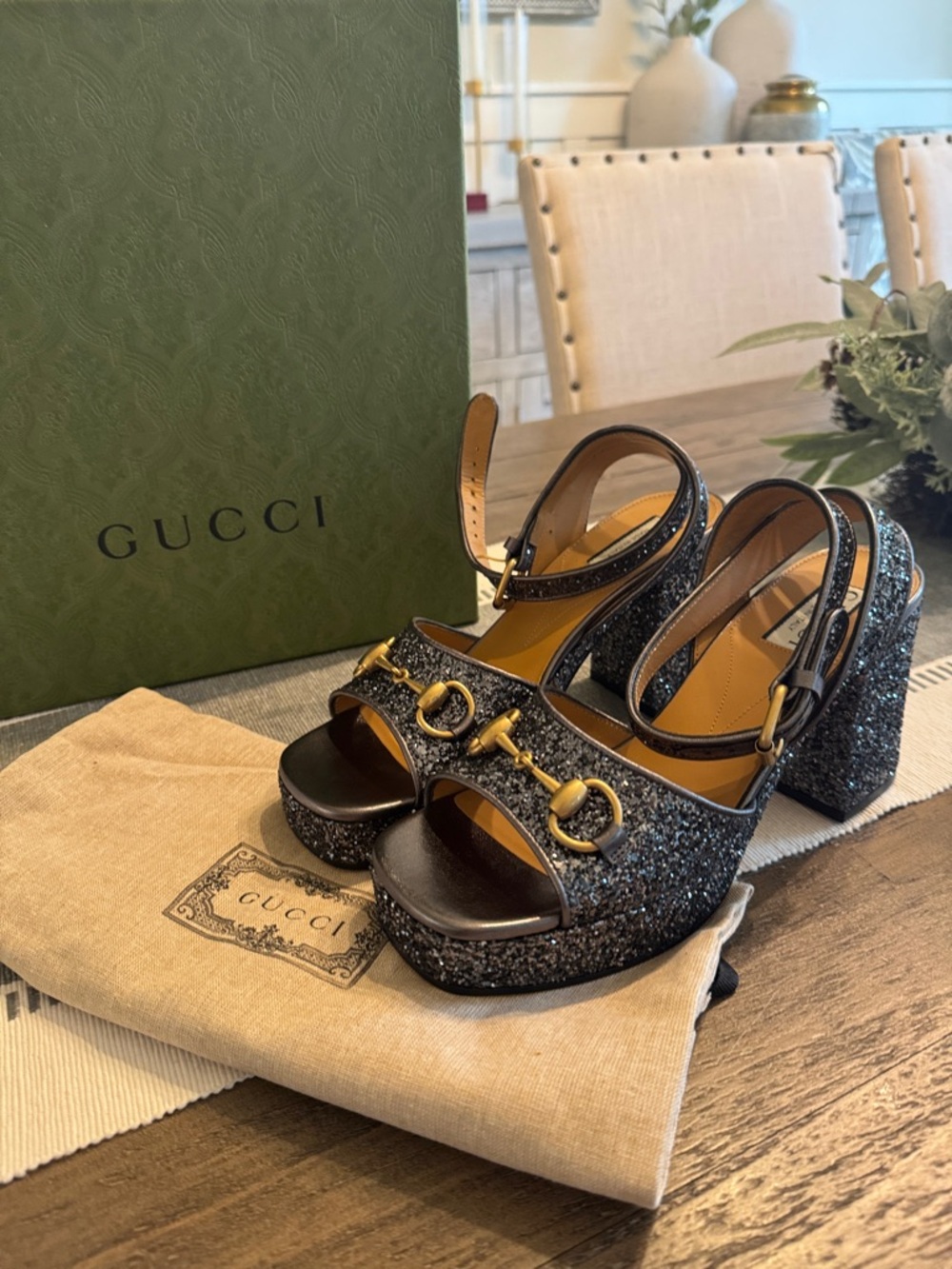 Gucci Charcoal Glitter Platform Slingback Sandals with Gold Horsebit